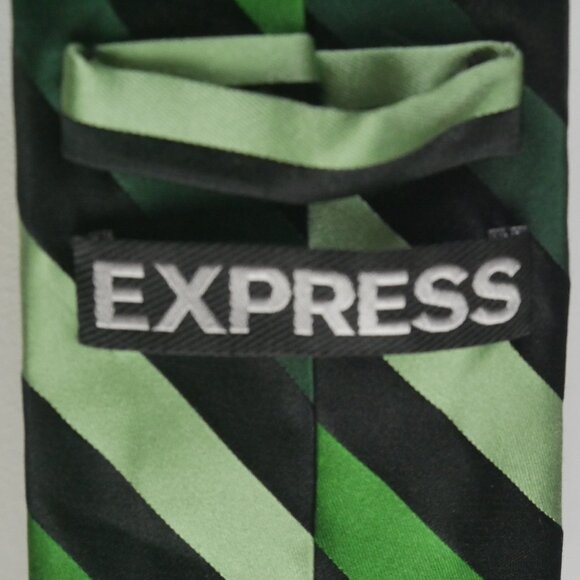 Express Mens Necktie Tie 100% Silk Green Black Diagonal Stripe - Picture 4 of 10